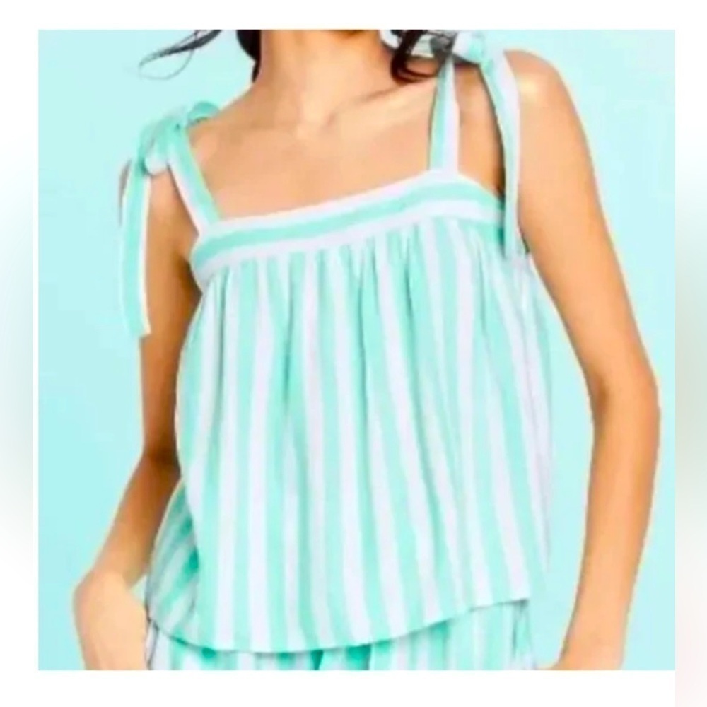 STONEY CLOVER x TARGET Mint Green & White Stripe Linen Blend Top Flowy Crop Bows